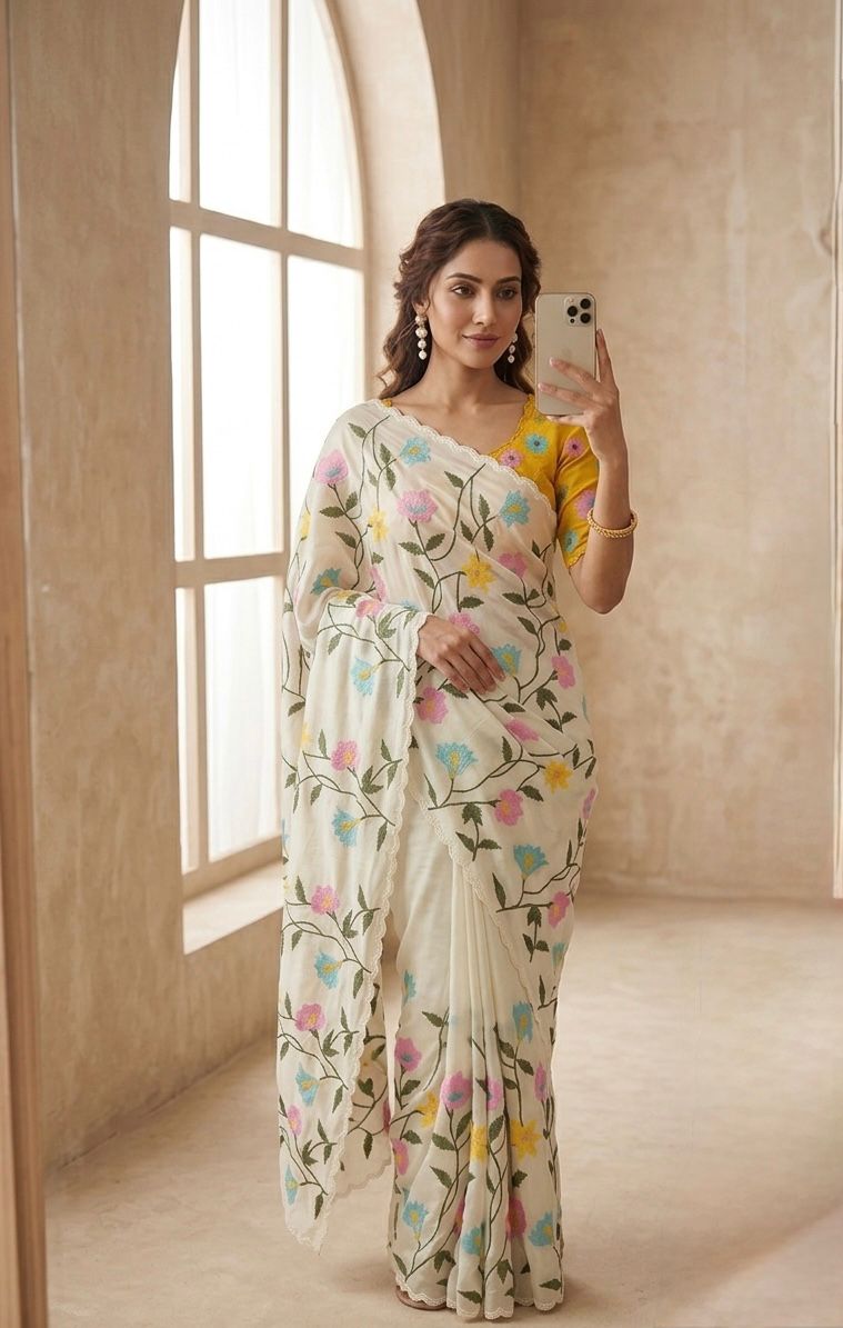 Off-White Soft Rangoli silk saree with embroidery work