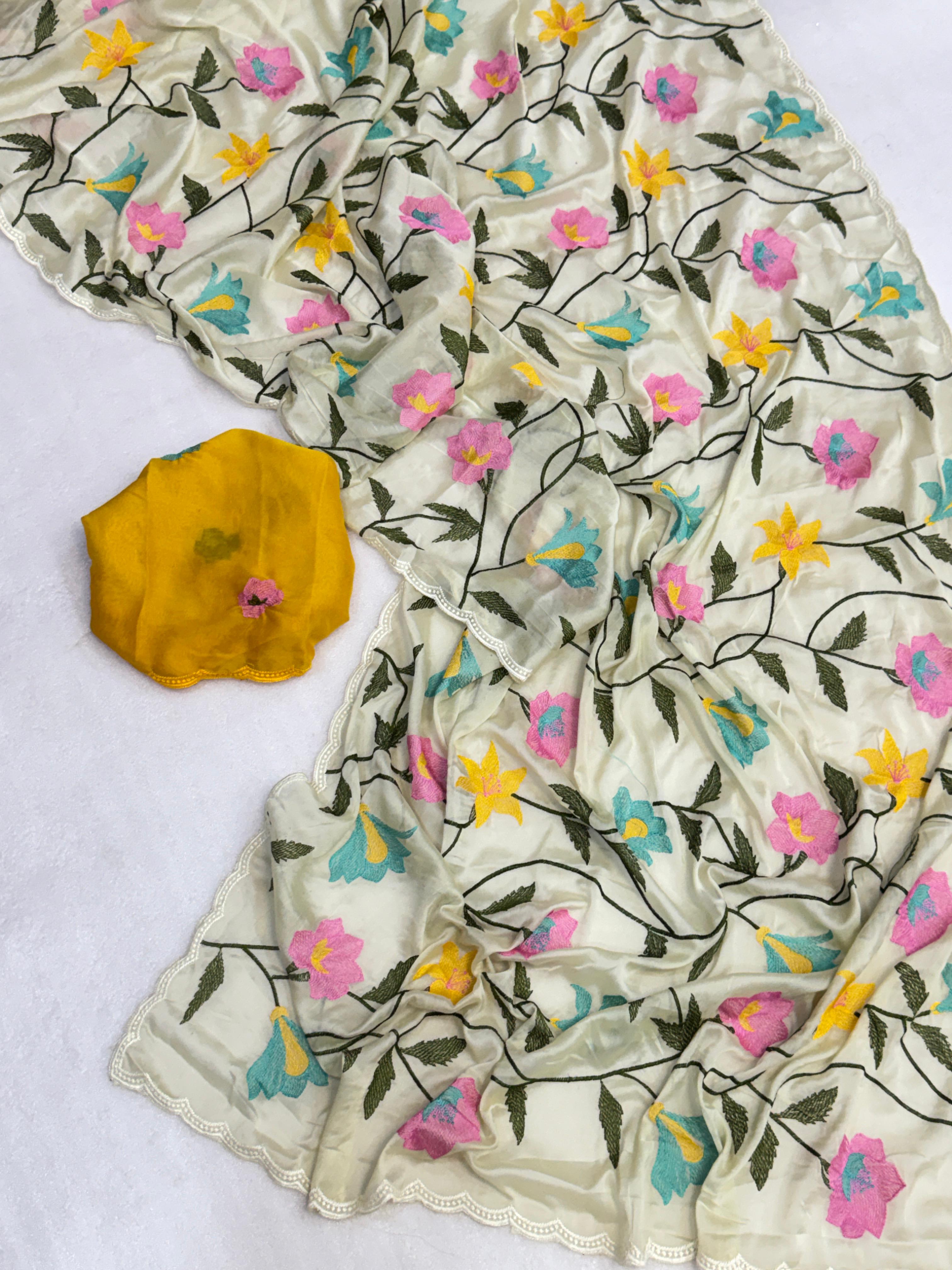 Off-White Soft Rangoli silk saree with embroidery work