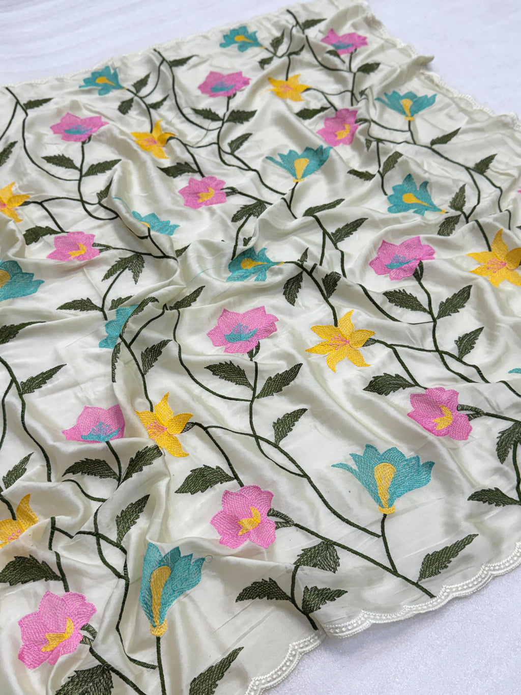 Off-White Soft Rangoli silk saree with embroidery work