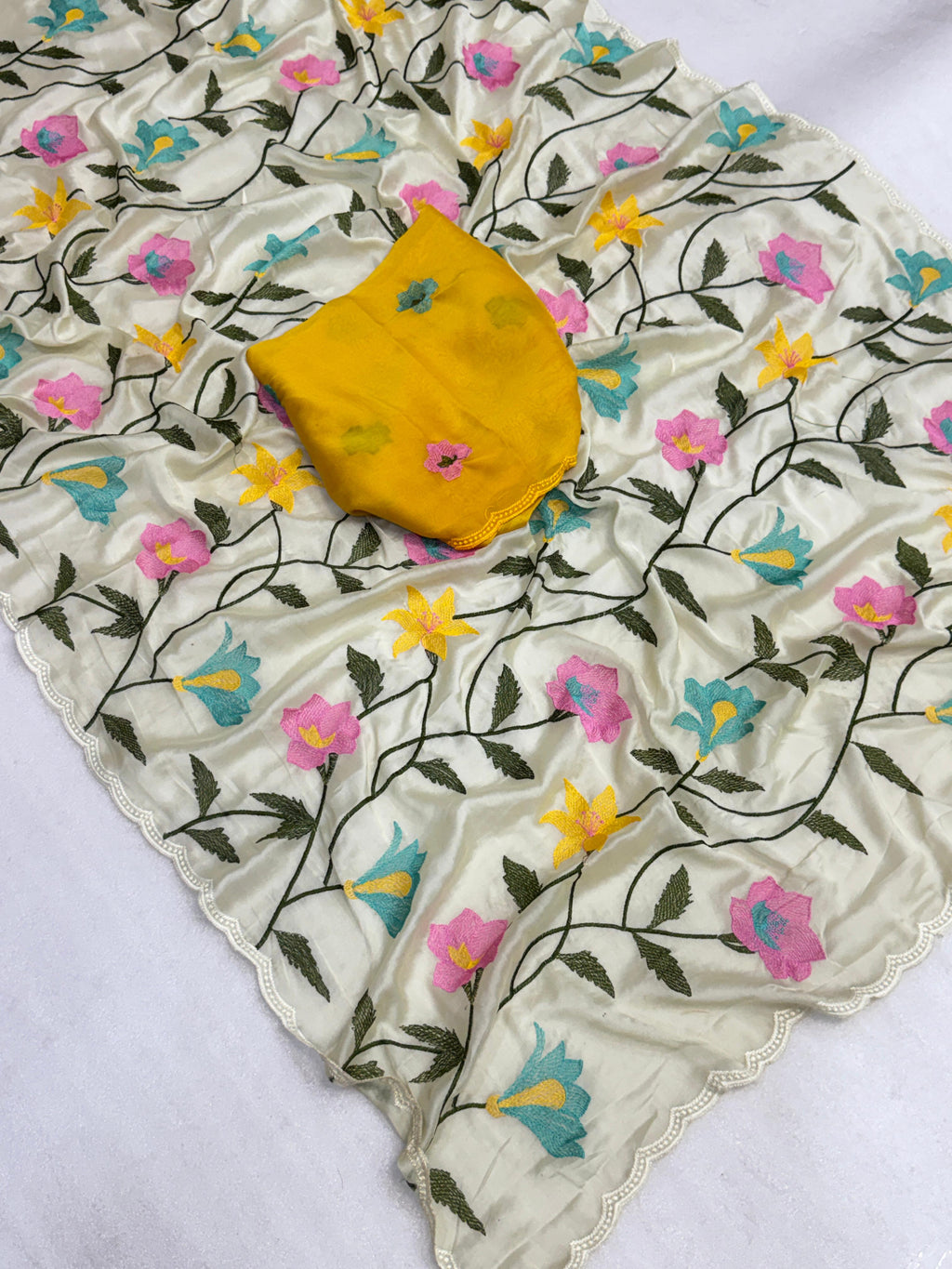Off-White Soft Rangoli silk saree with embroidery work