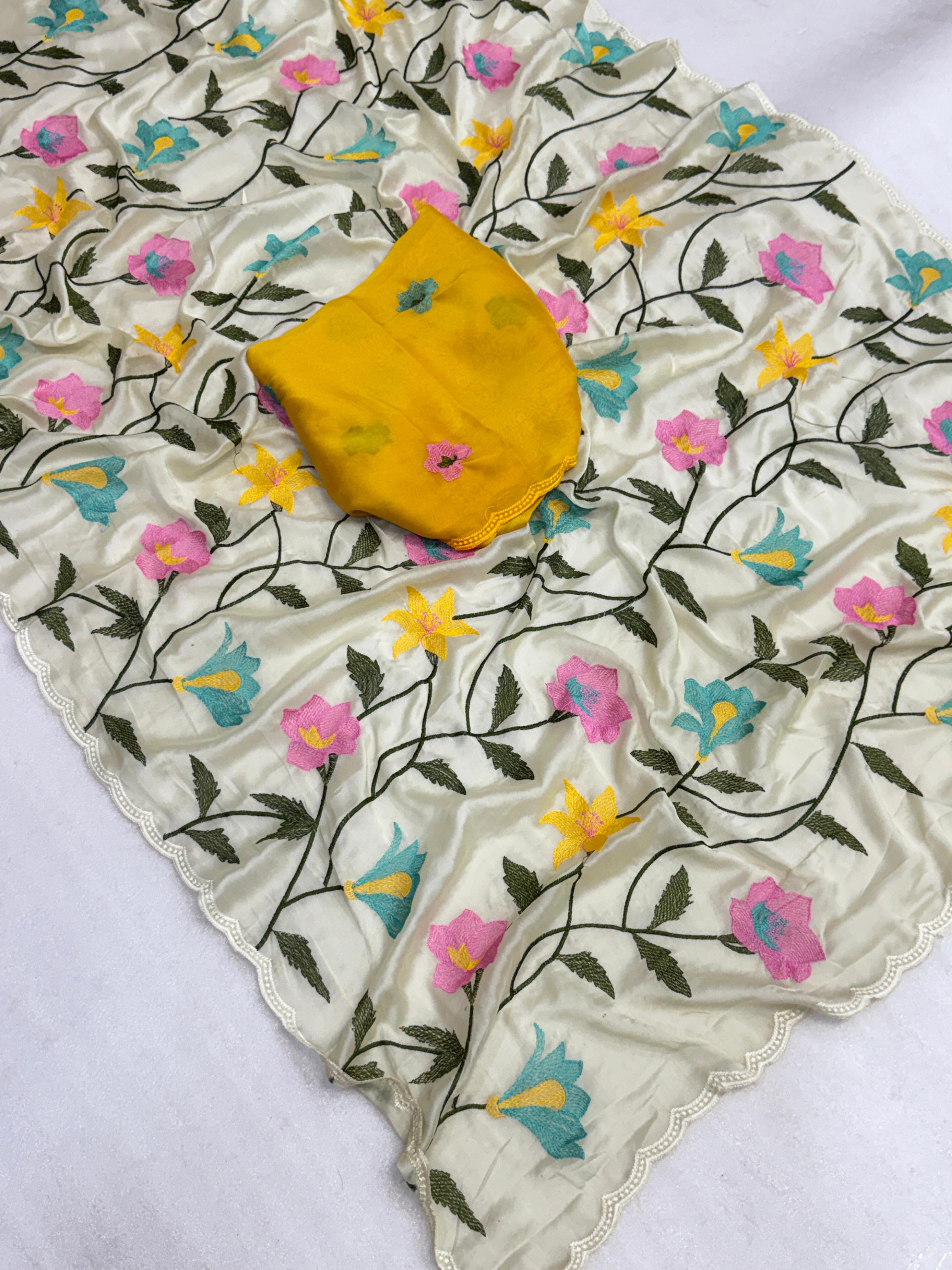 Off-White Soft Rangoli silk saree with embroidery work