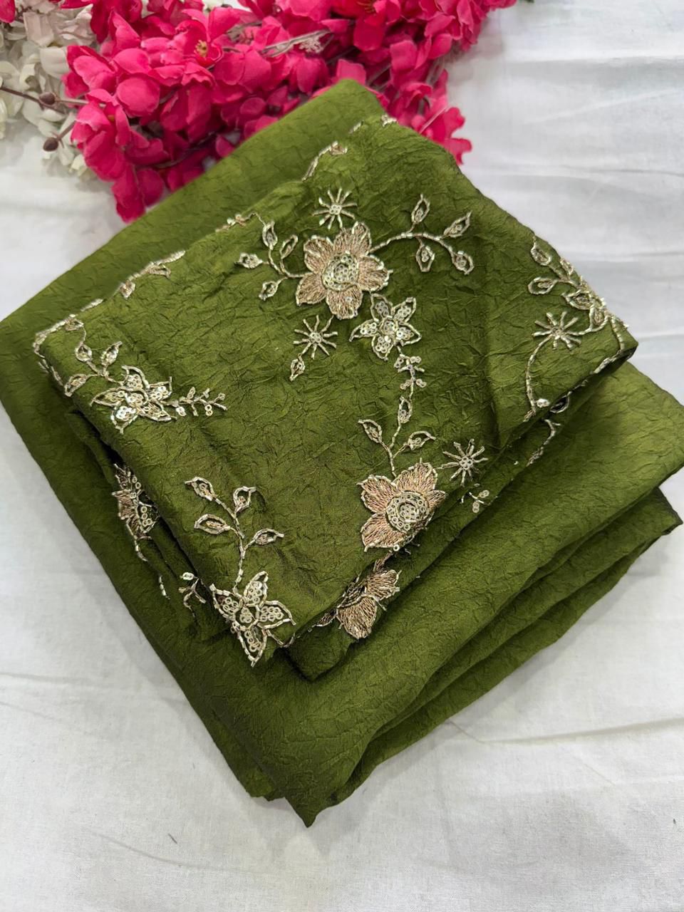 Lime Green Rangoli Crush Saree With Bits Sequence Work Blouse