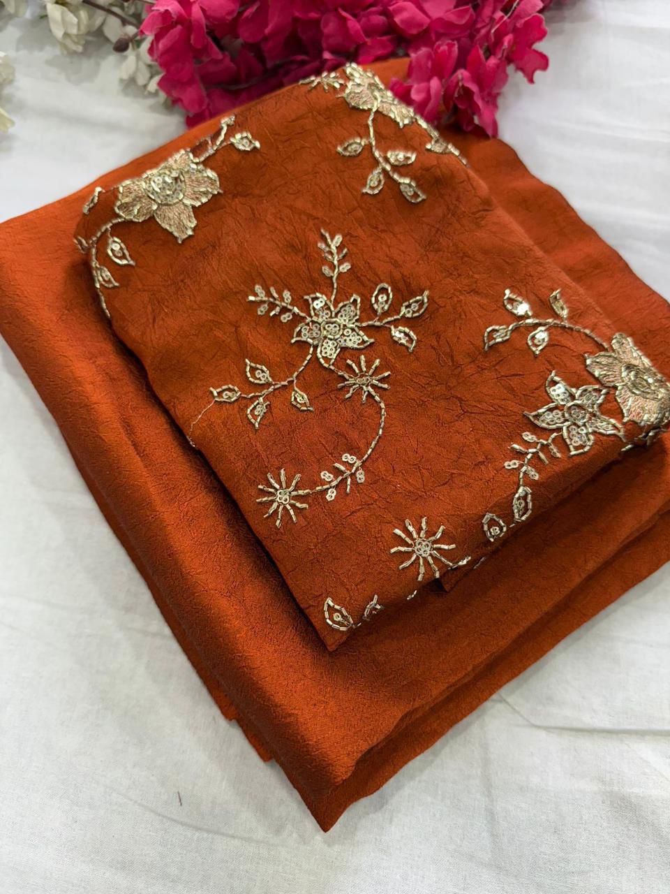 Orange Rangoli Crush Saree With Bits Sequence Work Blouse