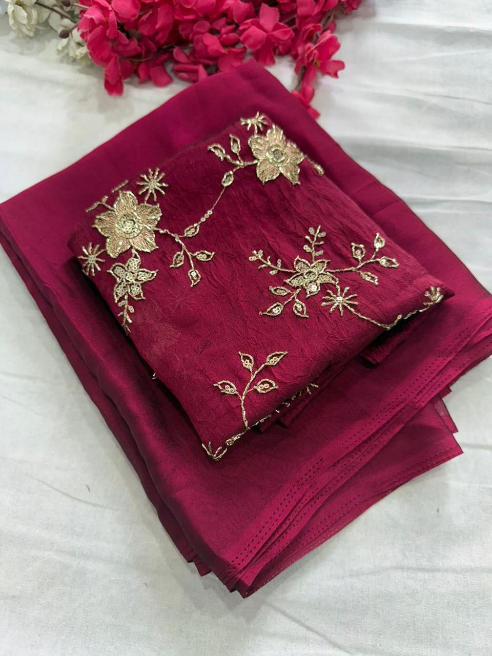 Rani Rangoli Crush Saree With Bits Sequence Work Blouse