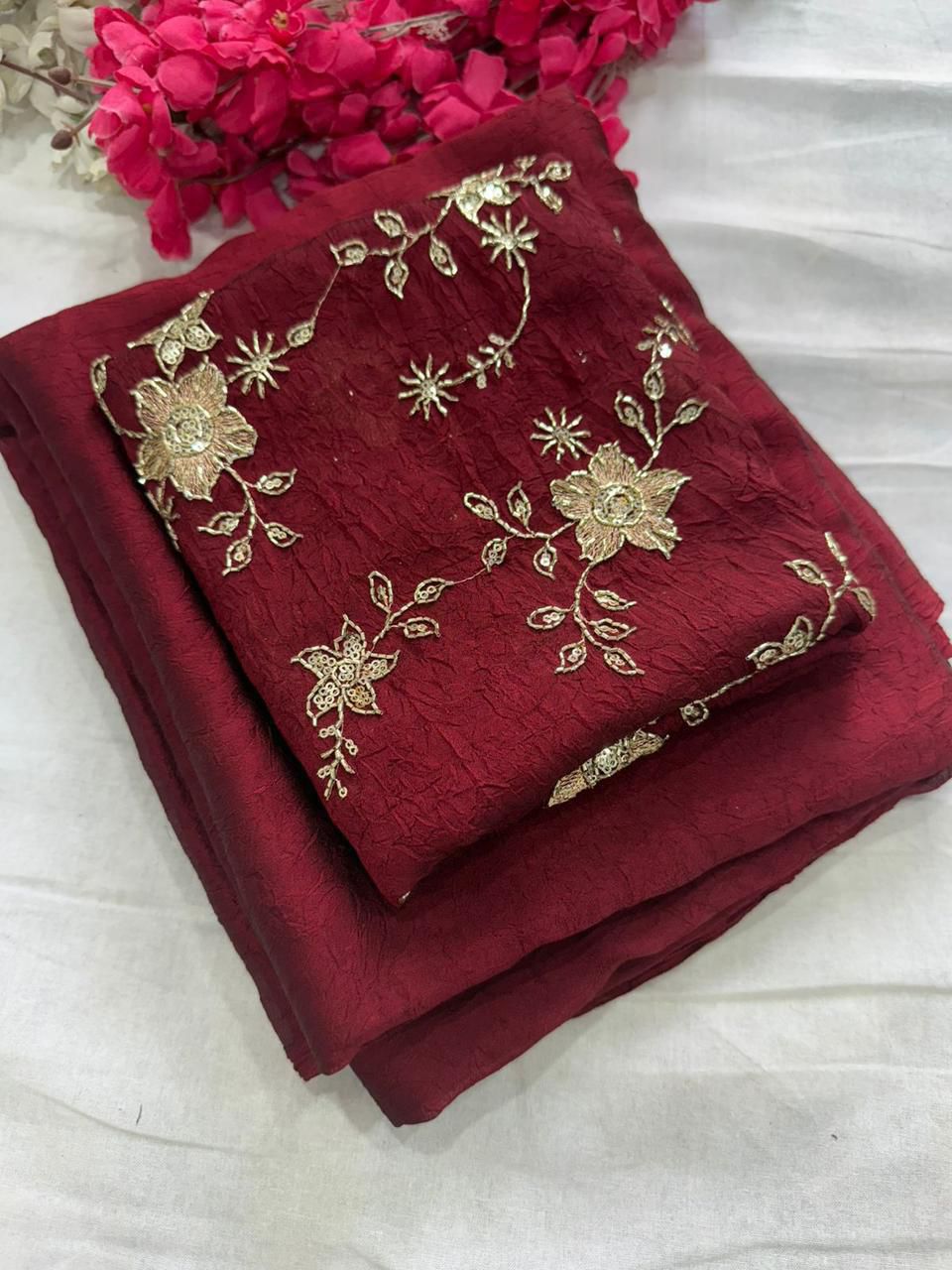Maroon Rangoli Crush Saree With Bits Sequence Work Blouse