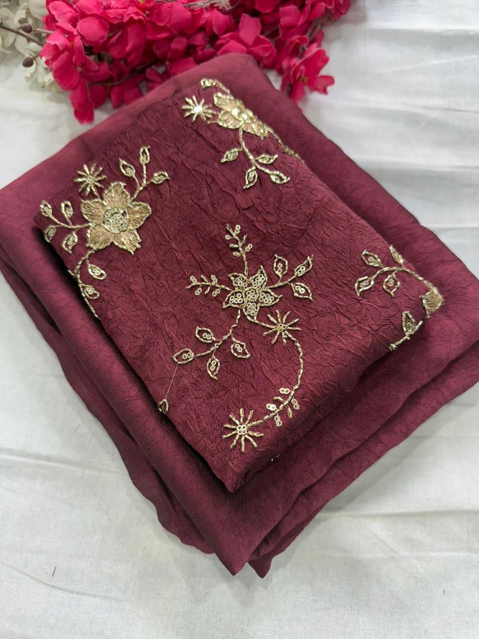 Rose Gold Rangoli Crush Saree With Bits Sequence Work Blouse