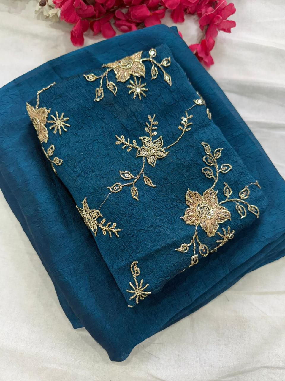 Petrol Blue Rangoli Crush Saree With Bits Sequence Work Blouse