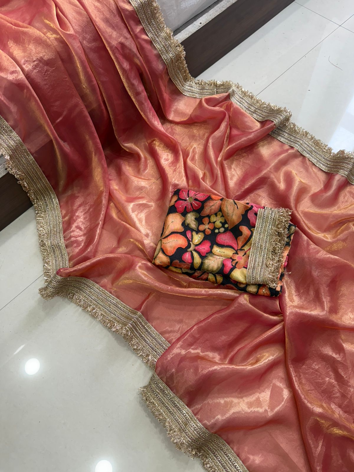 Rust Orange Space Silk Saree With Postion Digital Print Blouse
