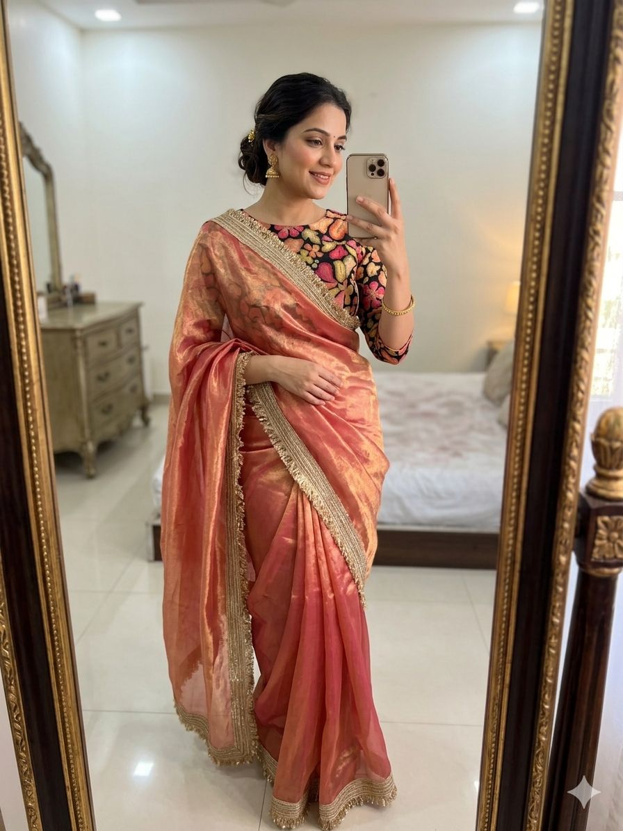 Rust Orange Space Silk Saree With Postion Digital Print Blouse
