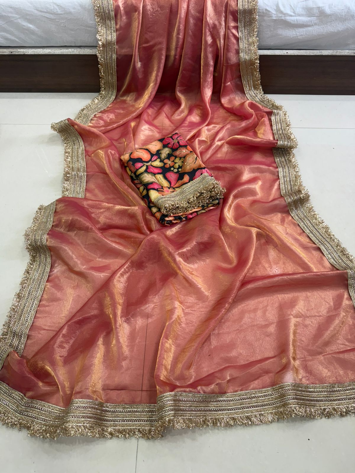 Rust Orange Space Silk Saree With Postion Digital Print Blouse