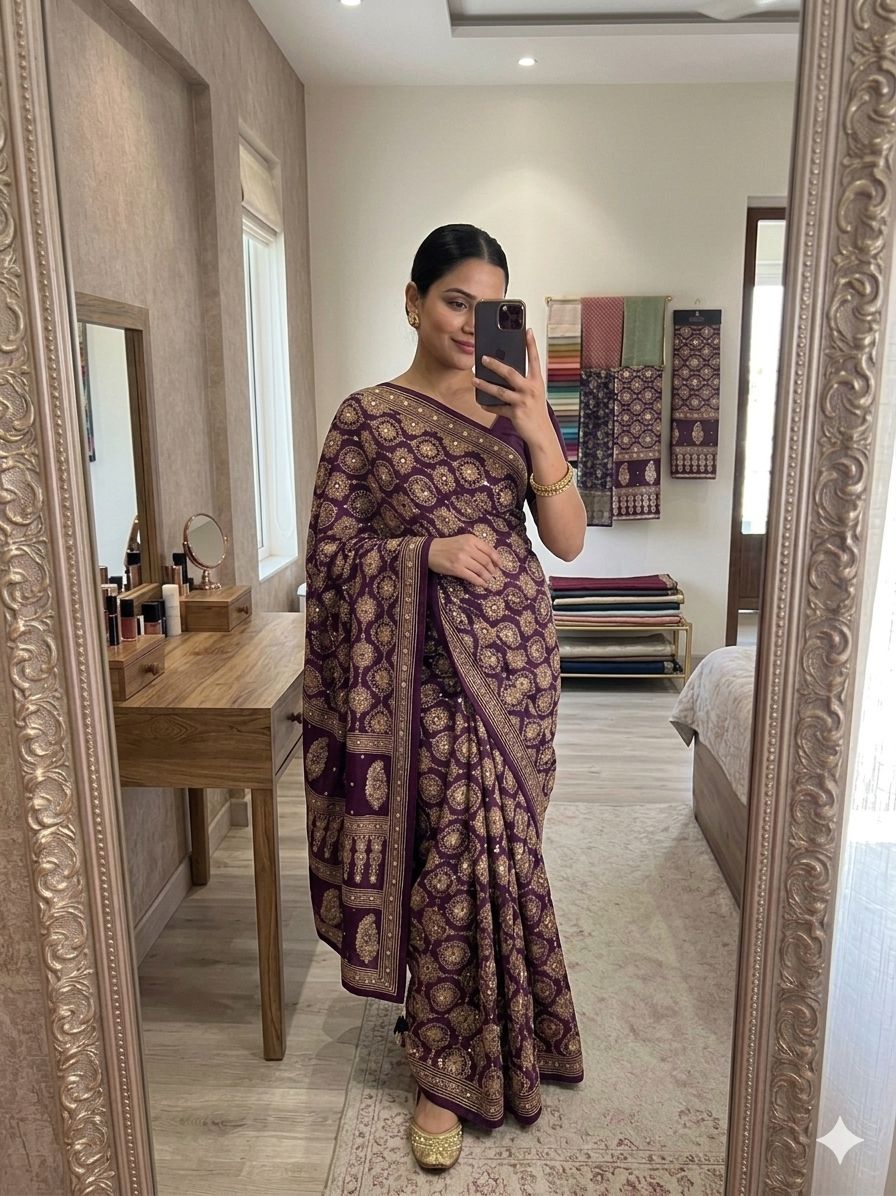 WINE HEAVY GAJJI MOSS SATIN SAREE ALL OVER AJRAKH WITH MIRROR WORK