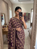 WINE HEAVY GAJJI MOSS SATIN SAREE ALL OVER AJRAKH WITH MIRROR WORK