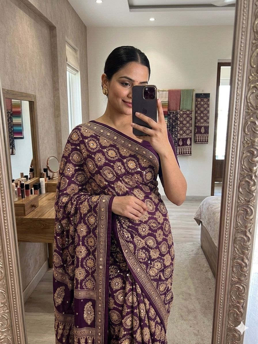 WINE HEAVY GAJJI MOSS SATIN SAREE ALL OVER AJRAKH WITH MIRROR WORK