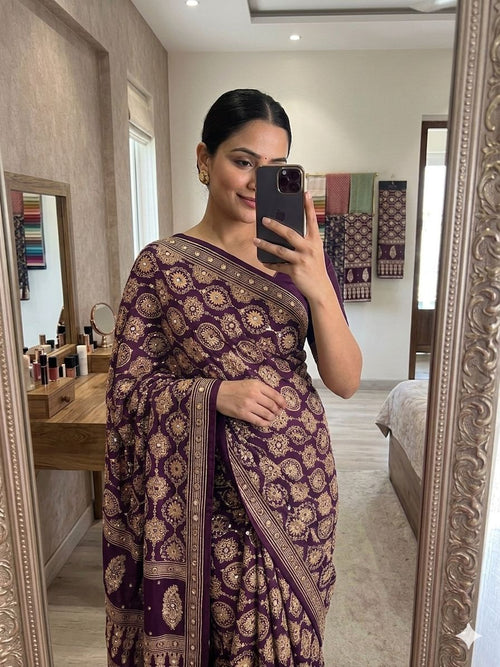 WINE HEAVY GAJJI MOSS SATIN SAREE ALL OVER AJRAKH WITH MIRROR WORK