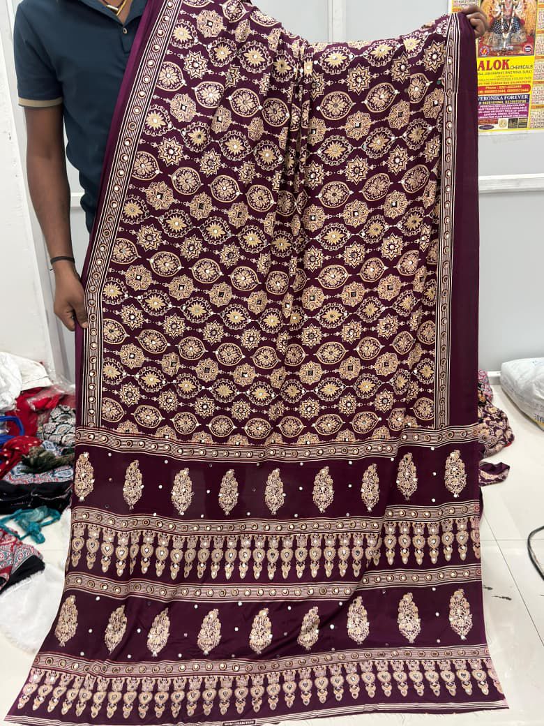 WINE HEAVY GAJJI MOSS SATIN SAREE ALL OVER AJRAKH WITH MIRROR WORK