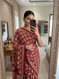DARK PINK HEAVY GAJJI MOSS SATIN SAREE ALL OVER AJRAKH WITH MIRROR WORK