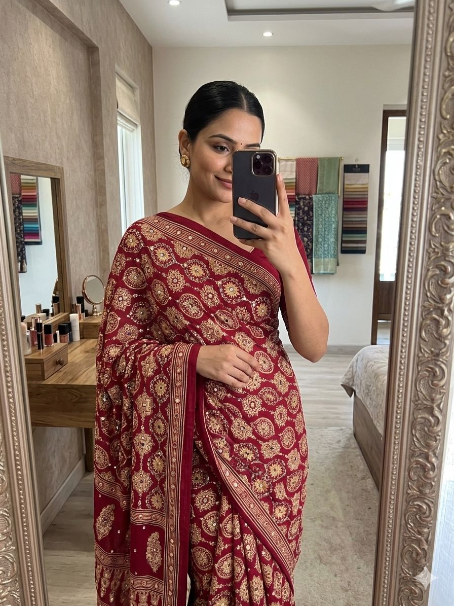 DARK PINK HEAVY GAJJI MOSS SATIN SAREE ALL OVER AJRAKH WITH MIRROR WORK