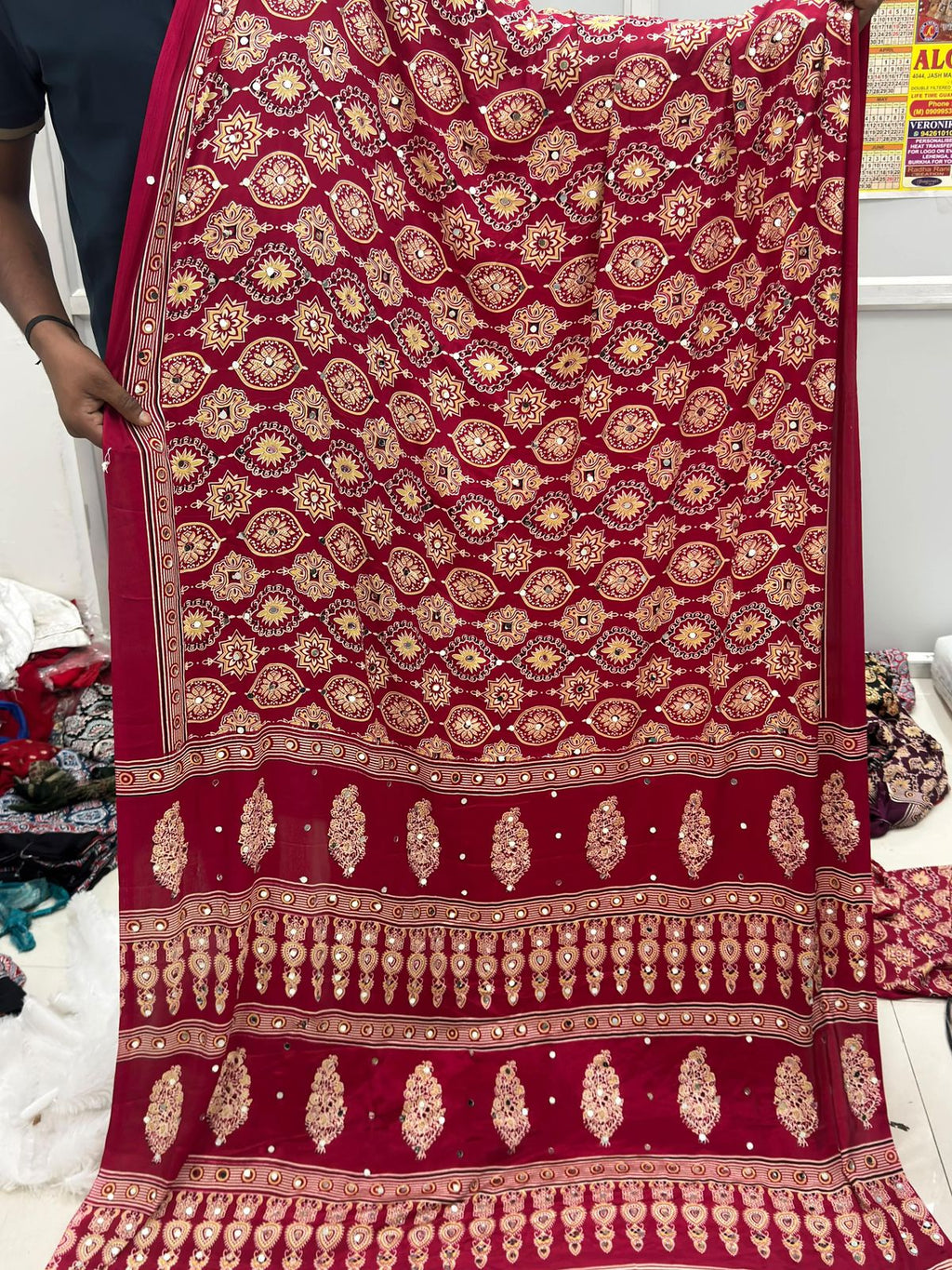 DARK PINK HEAVY GAJJI MOSS SATIN SAREE ALL OVER AJRAKH WITH MIRROR WORK