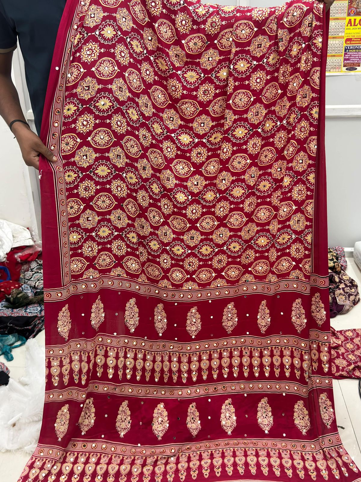 DARK PINK HEAVY GAJJI MOSS SATIN SAREE ALL OVER AJRAKH WITH MIRROR WORK