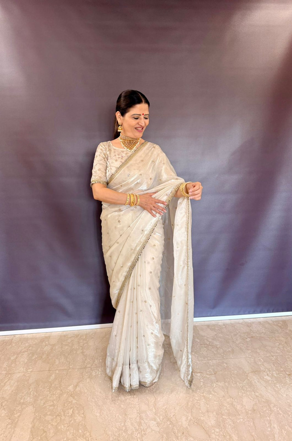 OFF WHITE SPACE SILK SAREE WITH MIRROR LACE