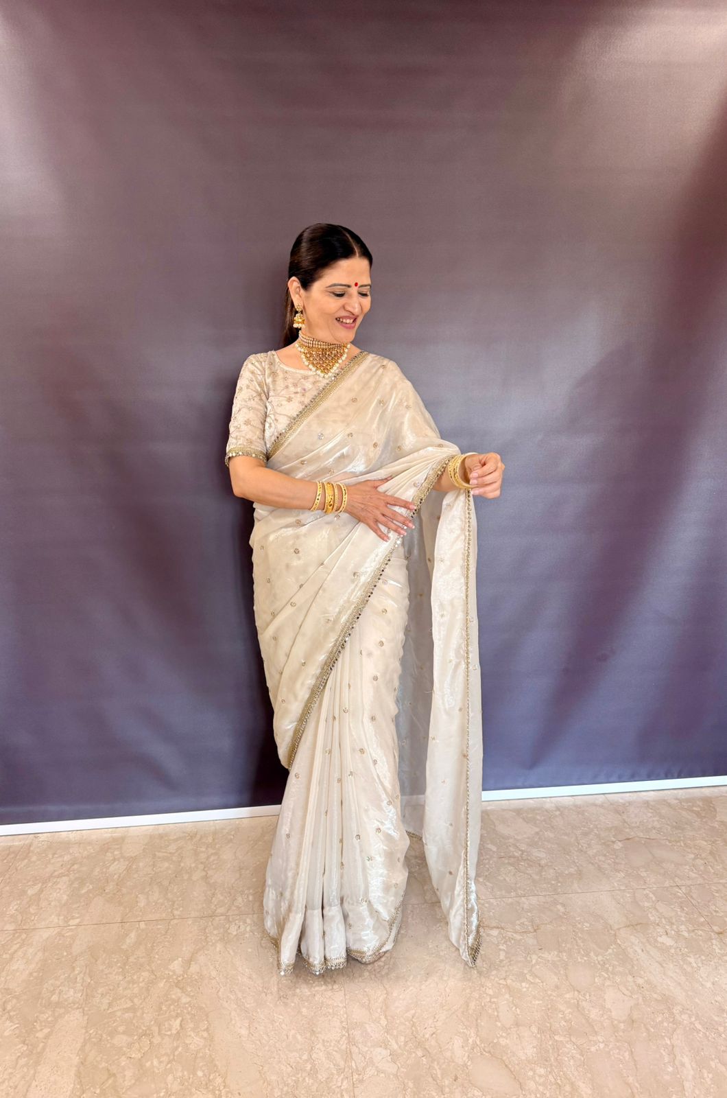 OFF WHITE SPACE SILK SAREE WITH MIRROR LACE