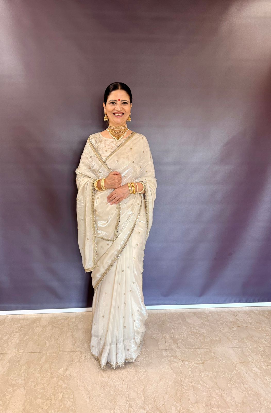 OFF WHITE SPACE SILK SAREE WITH MIRROR LACE
