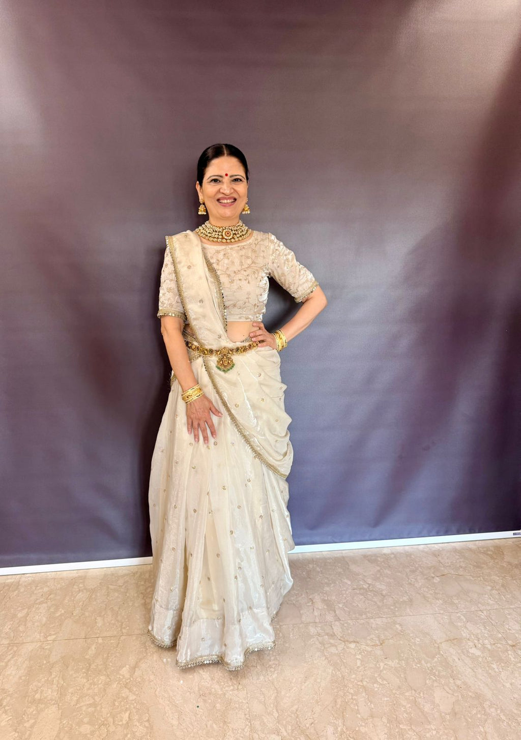 OFF WHITE SPACE SILK SAREE WITH MIRROR LACE