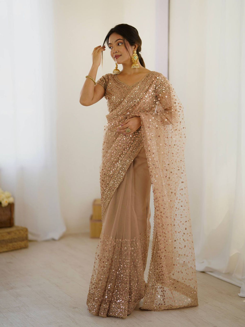 DESGINER GOLD NET SAREE WITH SEQUINS WORK