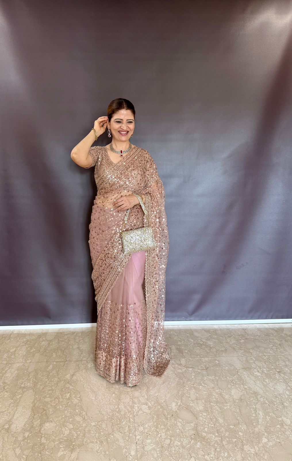 DESGINER GOLD NET SAREE WITH SEQUINS WORK