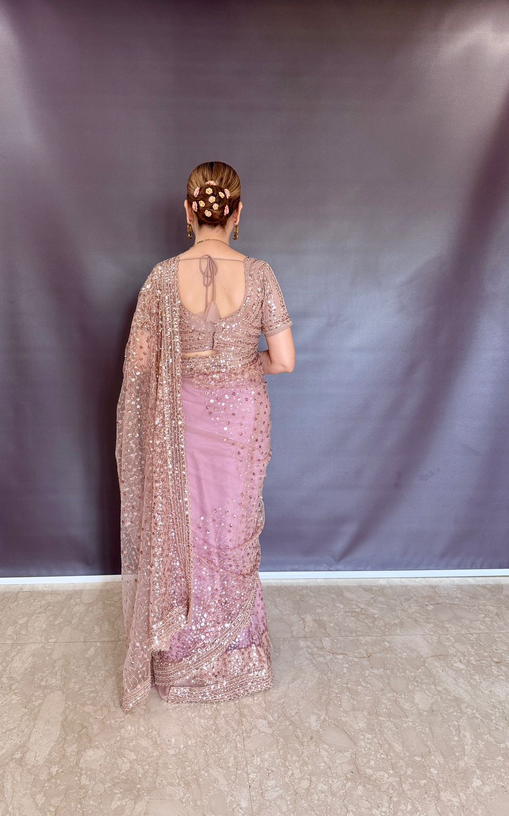 DESGINER GOLD NET SAREE WITH SEQUINS WORK