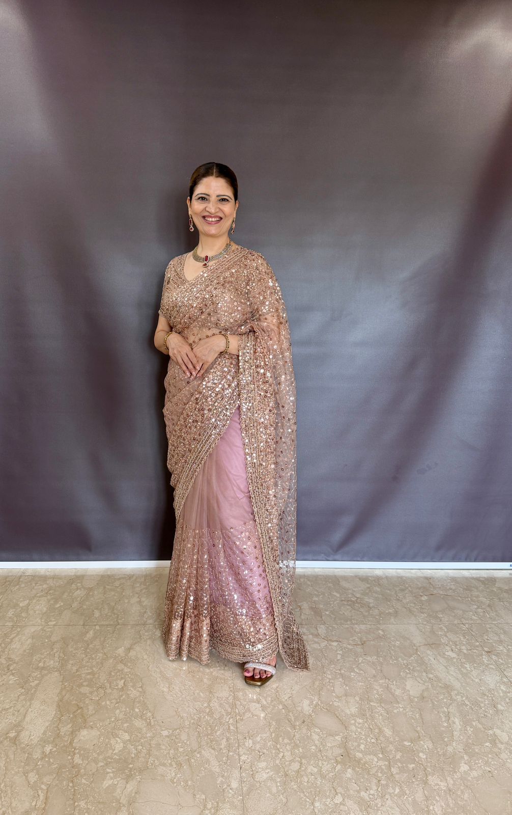 DESGINER GOLD NET SAREE WITH SEQUINS WORK
