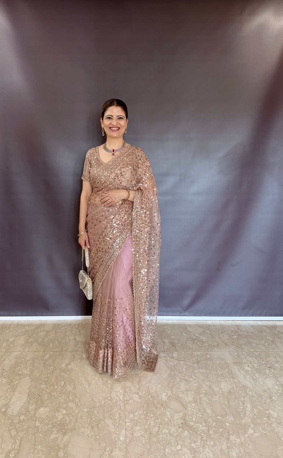 DESGINER GOLD NET SAREE WITH SEQUINS WORK