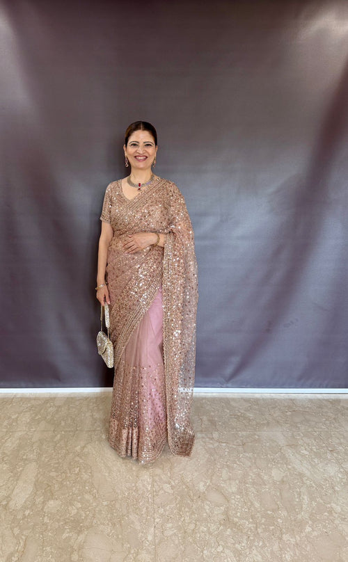 DESGINER GOLD NET SAREE WITH SEQUINS WORK