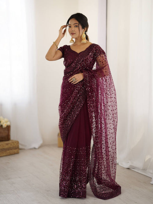DESGINER WINE NET SAREE WITH SEQUINS WORK