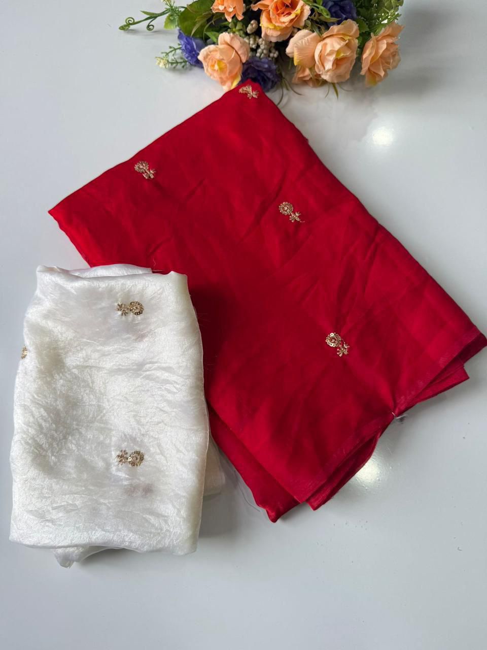 RED SPACE SILK SAREE WITH SEQUENCE WORK