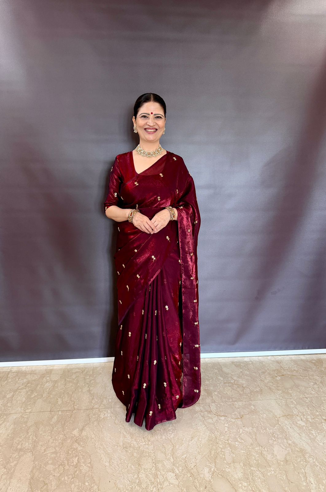 MARRON SPACE SILK SAREE WITH SEQUENCE WORK