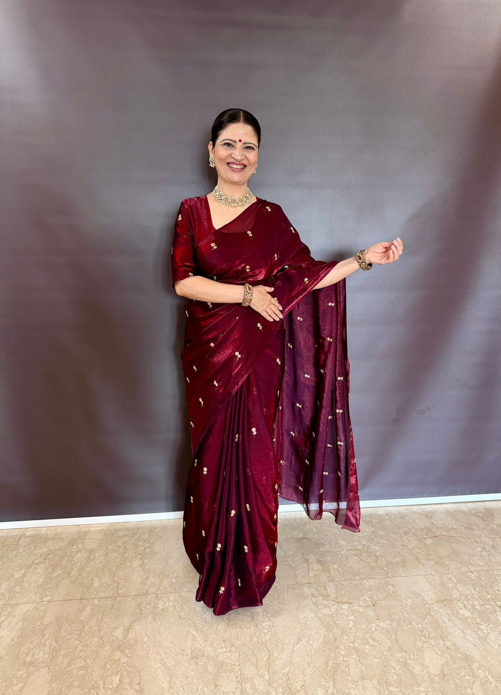 MARRON SPACE SILK SAREE WITH SEQUENCE WORK