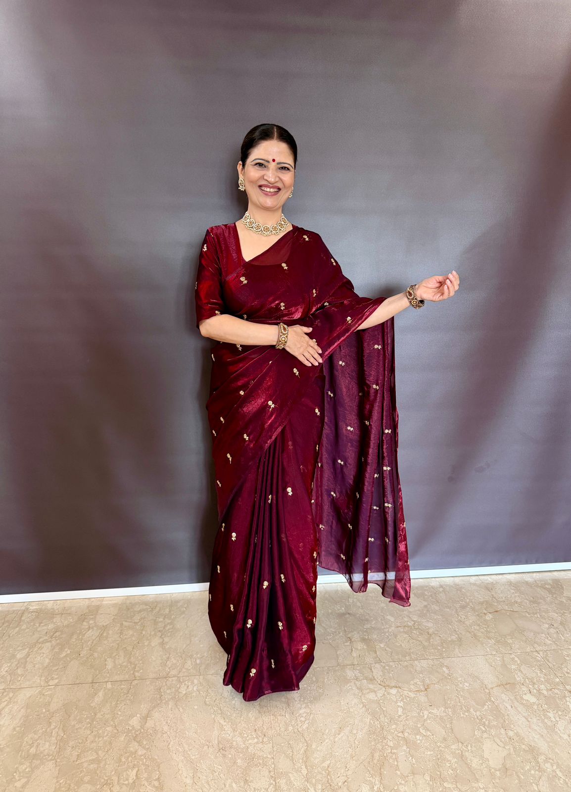 MARRON SPACE SILK SAREE WITH SEQUENCE WORK