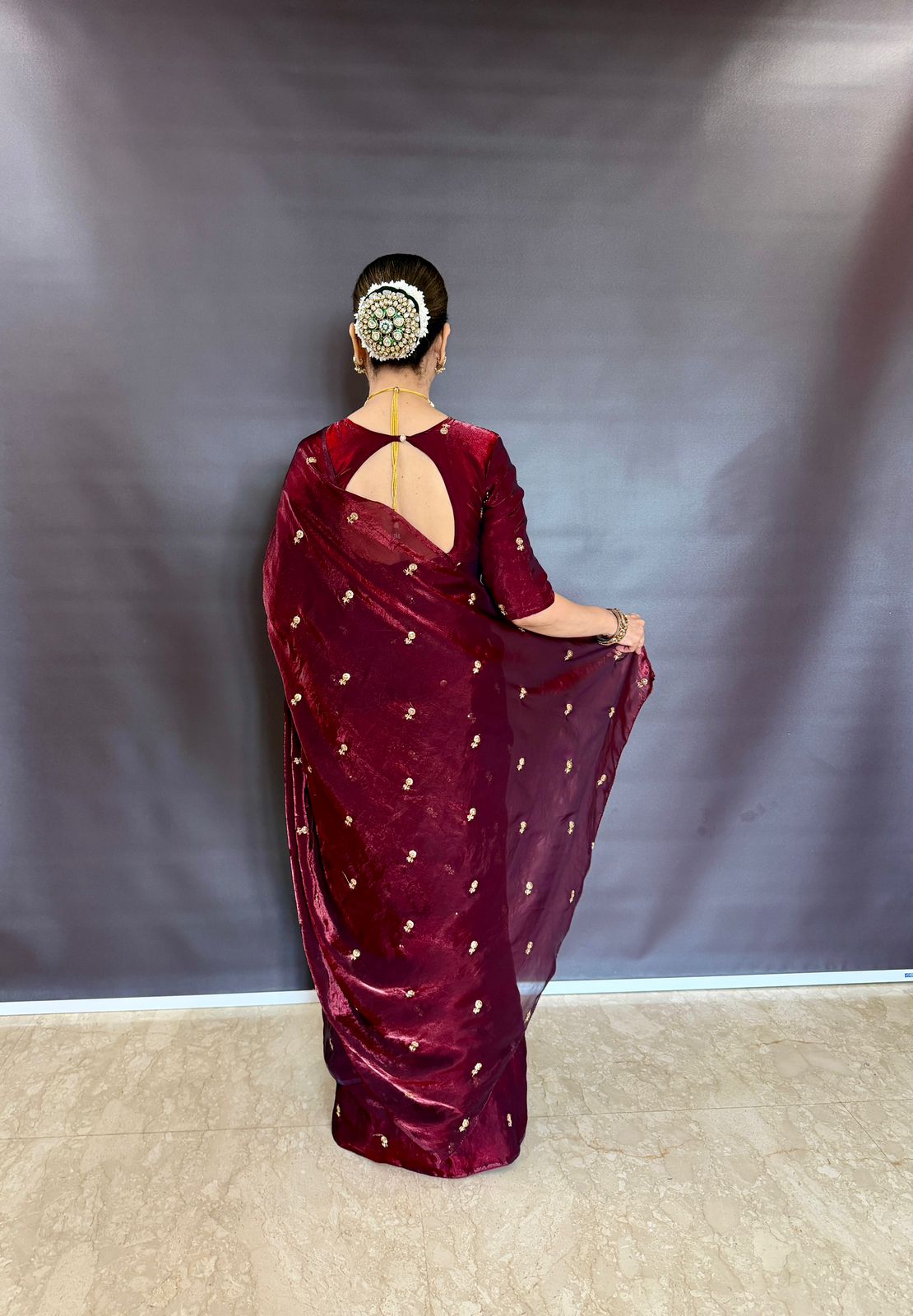 MARRON SPACE SILK SAREE WITH SEQUENCE WORK