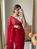 RED SPACE SILK SAREE WITH SEQUENCE WORK