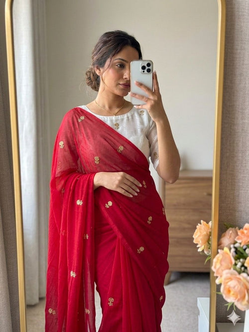 RED SPACE SILK SAREE WITH SEQUENCE WORK
