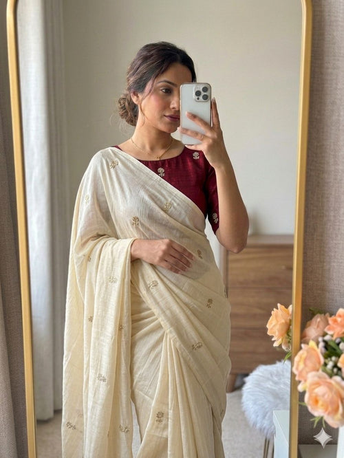 OFF WHITE SPACE SILK SAREE WITH SEQUENCE WORK