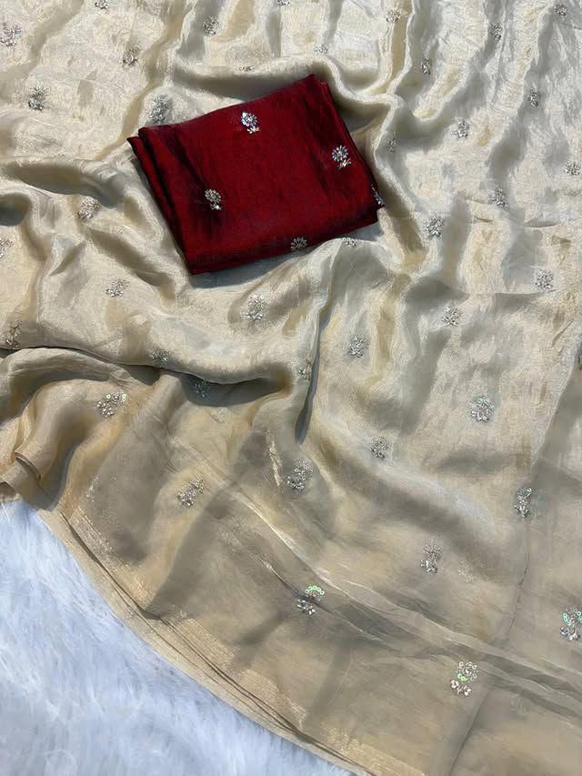 OFF WHITE SPACE SILK SAREE WITH SEQUENCE WORK