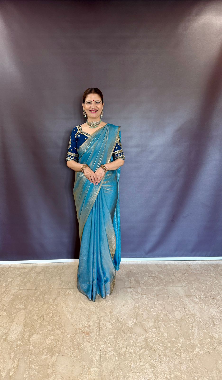 TEAL BLUE SPACE SILK SAREE WITH DESGINER SITCHED BLOUSE