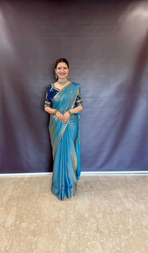 TEAL BLUE SPACE SILK SAREE WITH DESGINER SITCHED BLOUSE