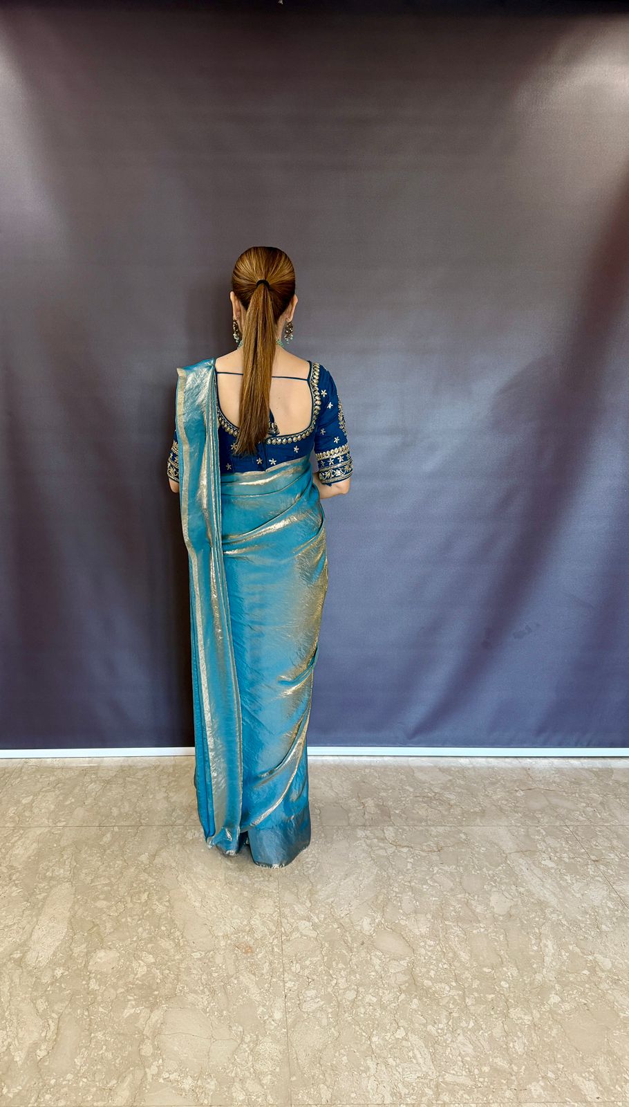 TEAL BLUE SPACE SILK SAREE WITH DESGINER SITCHED BLOUSE