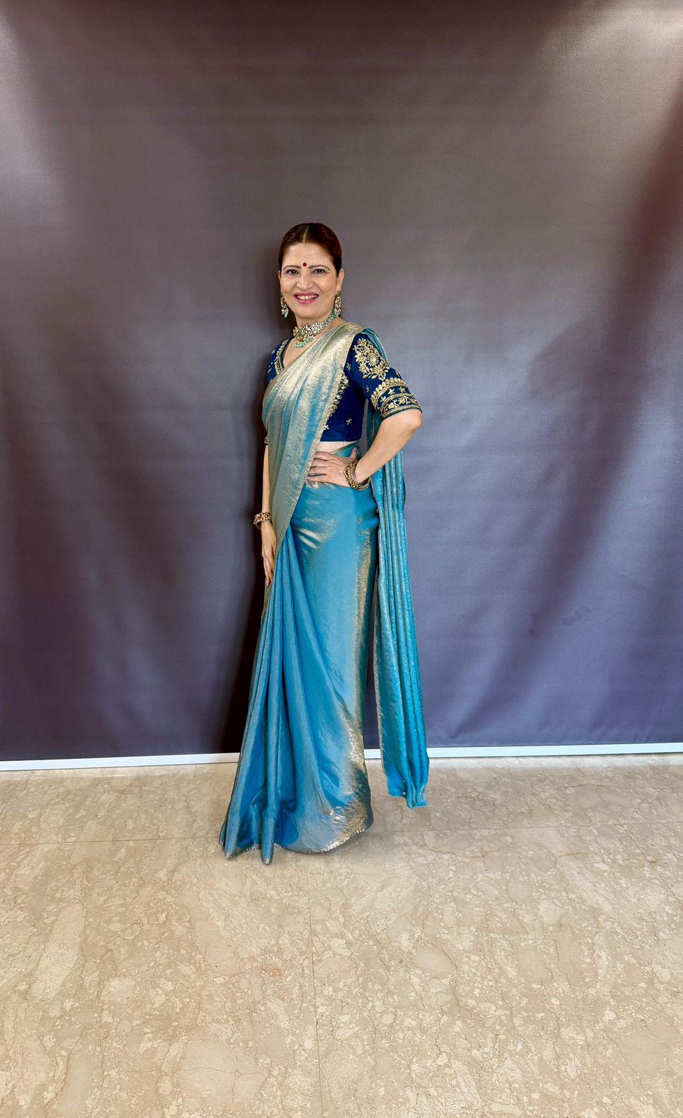 TEAL BLUE SPACE SILK SAREE WITH DESGINER SITCHED BLOUSE