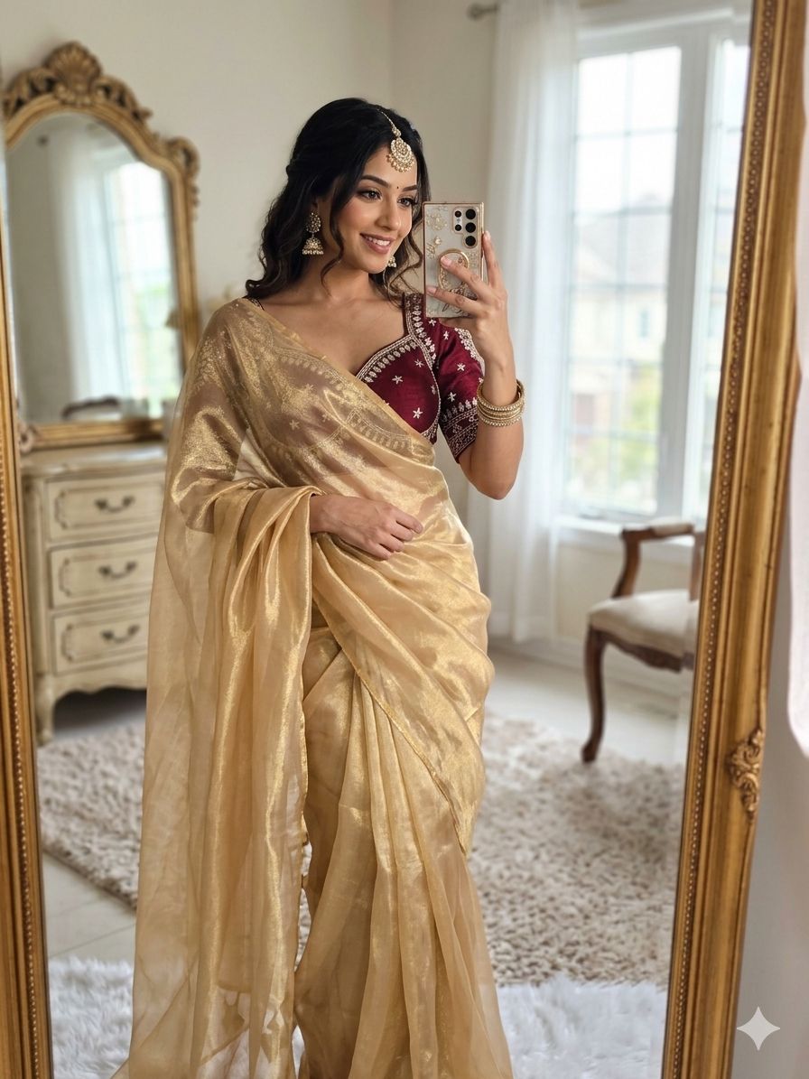 GOLD SPACE SILK SAREE WITH DESGINER SITCHED BLOUSE