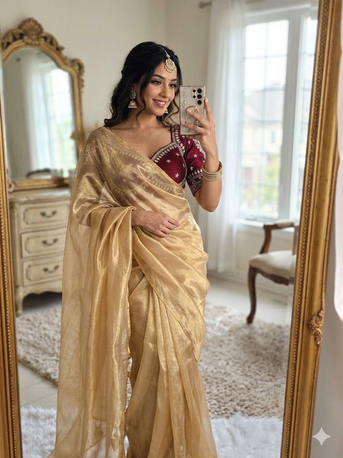 GOLD SPACE SILK SAREE WITH DESGINER SITCHED BLOUSE