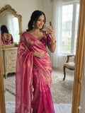 HOT PINK SPACE SILK SAREE WITH DESGINER SITCHED BLOUSE